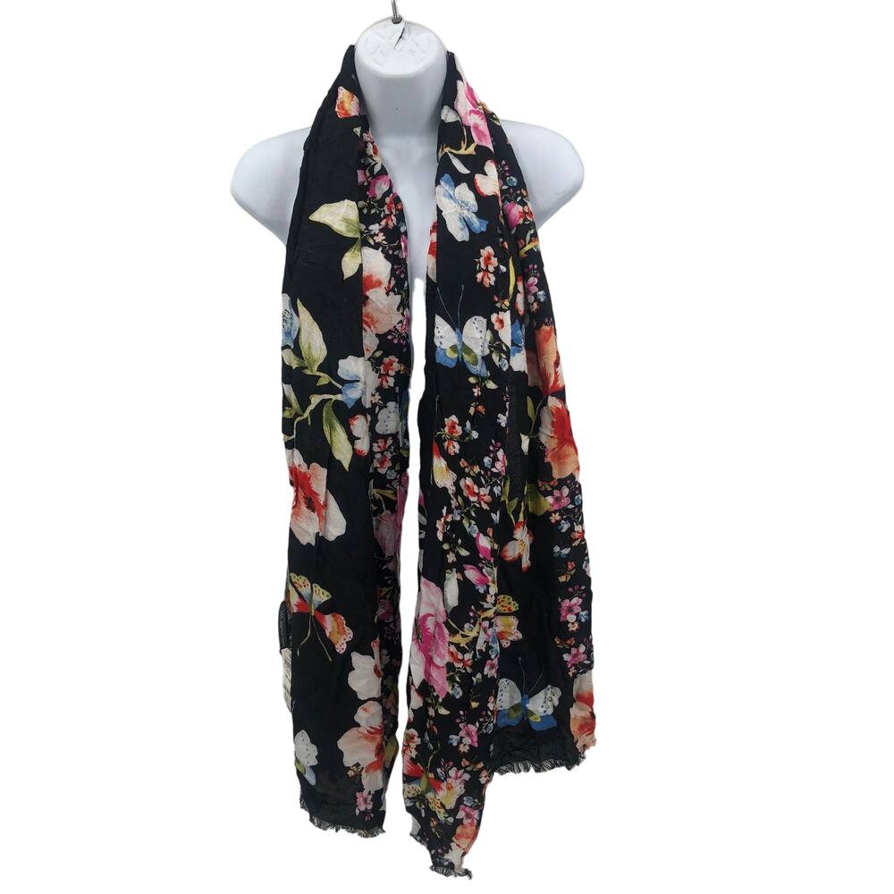 International Concepts Women's Nature Fringe Pashmina Scarf Floral Black OS NWT
